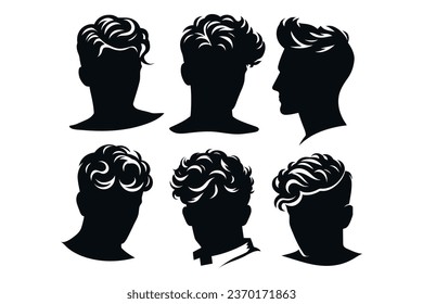 Head of a young man with curly hair.
Black silhouette of a hairstyle on a transparent background. Vector set for stencil.