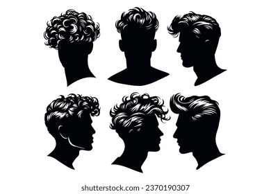 Head of a young man with curly hair.
Black silhouette of a hairstyle on a transparent background. Vector set for stencil.