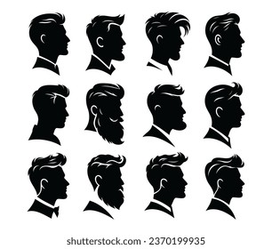 Head of a young man with curly hair.
Black silhouette of a hairstyle on a transparent background. Vector set for stencil.