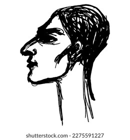 Head of a young man. Male portrait in profile. Hand drawn linear doodle rough sketch. Black silhouette on white background.