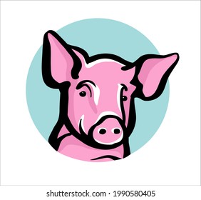 The head of a young pig or piglet in a circle. Illustration in the form of an emblem of the logo. Color sketch drawing.