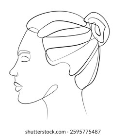 Head of a young woman with hair in a bun one line drawing on white isolated background, side view