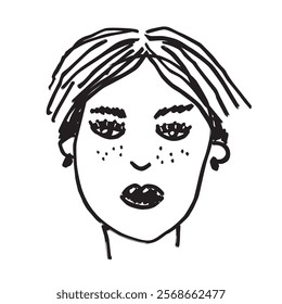 Head of a young woman is hand-drawn. Abstract vector portrait on an isolated background.