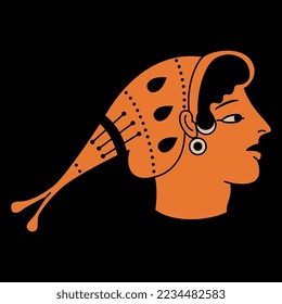 Head of a young woman in a hat or cap. Ancient Greek vase painting motif. On black background.