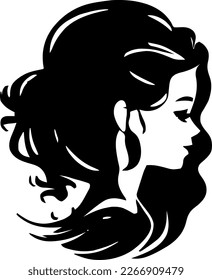 Head young woman with magical hair outline only, silhouette, girl, woman, hairstyle, vector