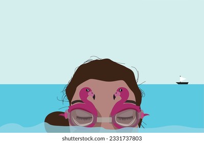 Head of a young women is showing above the sea water level and the lady is wearing pink flamingo goggles for swimming