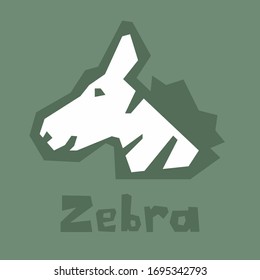 Head of zebra in cartoon flat style isolated on green background. Simple vector design. Zebra, a friendly look. Thick outline, text. Interactive card for learning the English alphabet