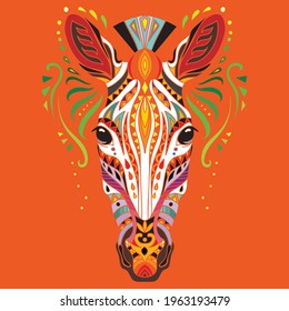 Head of zebra with doodle and zentangle elements. Abstract vector colorful illustration isolated on red background. For design, print, decor, tattoo, t-shirt, puzzle, poster, porcelain and stickers.
