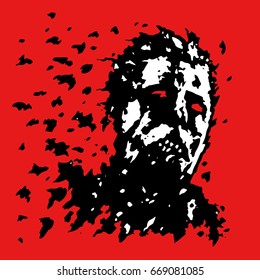 The head of the zombie crumbles into the ashes. Vector illustration. The horror genre.