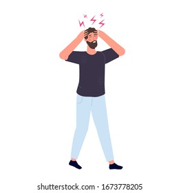 Headache attack, compassion fatigue. Head pain vector illustration.