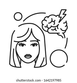 Headache black line icon. Early pregnancy symptom. Pregnant blond woman and brain concept. Disease, illness, migraine. Sign for web page, mobile app, banner. Editable stroke.