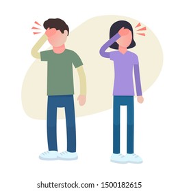 Headache characters illustration. Cold or flu virus symptom, migraine, pain, stress. For medical treatment and healthcare banner, landing page, packaging of tablets, pills. Flat vector. Men and women 