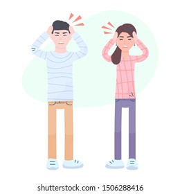 Headache characters illustration. Cold or flu virus symptom, migraine, pain, stress. For medical treatment and healthcare banner, landing page, packaging of tablets, pills. Flat vector. Men and women 