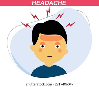 Headache Child With Little Lightning Icon Around Head. Flat Design Vector