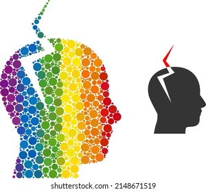 Headache collage icon of round dots in different sizes and rainbow color tones. A dotted LGBT-colored headache for lesbians, gays, bisexuals, and transgenders. Vector icon in LGBT flag colors.