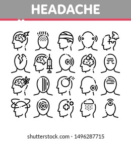 Headache Collection Elements Vector Icons Set Thin Line. Tension And Cluster Headache, Migraine And Brain Symptom Concept Linear Pictograms. Head Healthcare Black Contour Illustrations