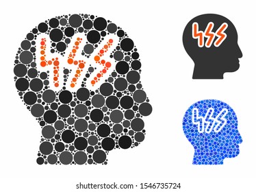 Headache composition of filled circles in various sizes and color hues, based on headache icon. Vector filled circles are grouped into blue composition.