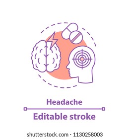 Headache concept icon. Migraine idea thin line illustration. Painkiller. Vector isolated outline drawing. Editable stroke