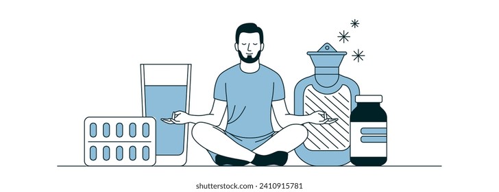 Headache concept. Man treating a headache. Sick character sitting in  lotus position, relaxes, calms down, meditates. Cold compresses, water, painkillers. Flat style vector linear illustration.
