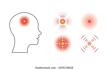 Headache concept with various pain marks. Set of red circle points. Human head profile. Vector