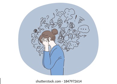 Headache, depression, anxiety concept. Vector illustration. Crying woman suffering fatigue from frustration depression complex psychological disease. Mental stress panic mind disorder illustration.