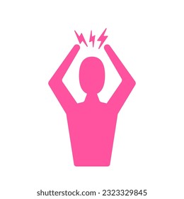 Headache and depression icon. Red Angry Man Silhouette pink symbol isolated on white background. Anger management and aggression icon with man