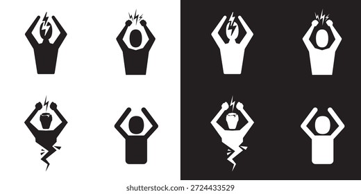 Conjunto de iconos de dolor de cabeza y depresión. Silueta del hombre enojado símbolo blanco y negro aislado en el fondo blanco. Manejo de la ira y agresión icono con el hombre