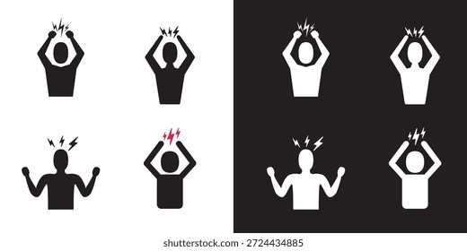 Conjunto de iconos de dolor de cabeza y depresión. Silueta del hombre enojado símbolo blanco y negro aislado en el fondo blanco. Manejo de la ira y agresión icono con el hombre