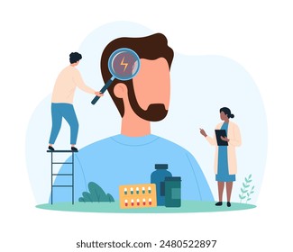 Headache diagnosis and treatment, neurology examination. Tiny people with magnifying glass examine pain spot on human head, diagnose and test symptoms of migraine in man cartoon vector illustration