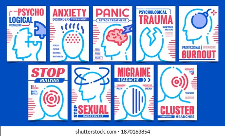 Headache Disease Creative Promo Posters Set Vector. Migraine Headache And Anxiety Disorder, Psychological Trauma And Therapy Advertising Banners. Concept Template Style Color Illustrations