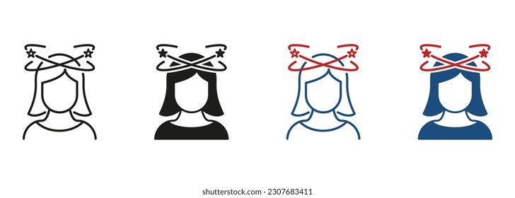 Headache, Distracted Head, Dizziness, Migraine Line and Silhouette Black Icon Set. Woman Feel Dizzy Pictogram. Tired Woman with Nausea Symbol Collection. Isolated Vector Illustration.