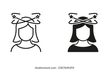 Headache, Distracted Head, Dizziness, Migraine Line and Silhouette Black Icon Set. Women Feel Dizzy Pictogram. Tired Woman with Nausea Symbol Collection. Isolated Vector Illustration.