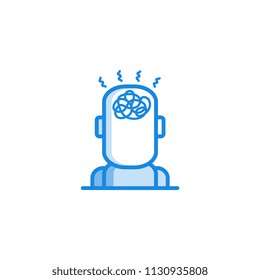 Headache and dizziness outline icon in blue color. Migraine, head pain stylized pictogram with hurricane in head. Unwell symptom illustration with disease health problem. Vector illustration.
