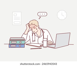 Headache, doctor and man at laptop in medical office with burnout challenge, clinic problem and stress. Hand drawn style vector design illustrations.