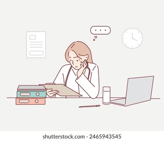 Headache, doctor and man at laptop in medical office with burnout challenge, clinic problem and stress. Hand drawn style vector design illustrations.