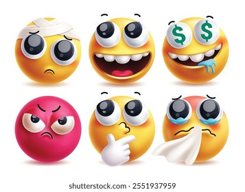 Cefaleia emoji caracteres vetoriais definidos. Clip art expressões faciais em dor, feliz, rico, irritado, curioso e espirrando amarelo ícone emojis elementos de design gráfico. Emoji de cefaleia de ilustração vetorial 