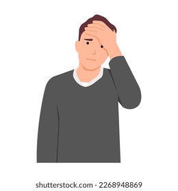 Headache. fatigue or a headache. A man in distress put his hand to his head. issues at work. Vector illustration in cartoon style