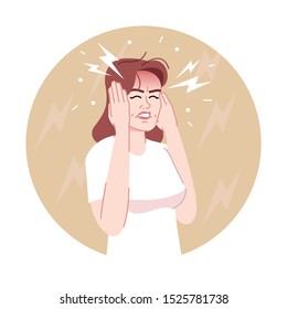 Headache flat concept icon. Depressed woman having strong pain in the head sticker, clipart. Exhausted and stressed woman suffering from migraine isolated cartoon illustration on white background
