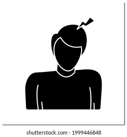 Headache glyph icon. Person with small thunderclap strike. Low and medium intensity head pain and migraine. Filled flat sign. Isolated silhouette vector illustration