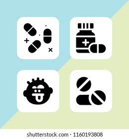 headache icon. 4 headache set with aspirin, tired and pill vector icons for web and mobile app