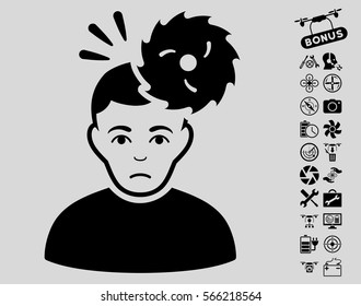Headache icon with bonus drone tools pictures. Vector illustration style is flat iconic black symbols on light gray background.