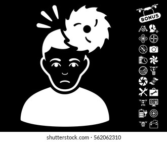 Headache icon with bonus quad copter tools pictograms. Vector illustration style is flat iconic white symbols on black background.