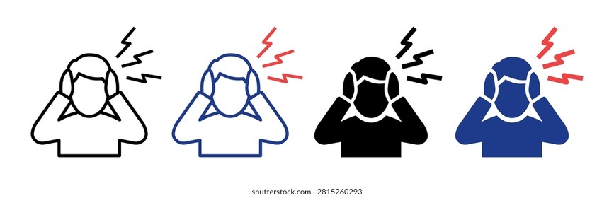 Headache icon with lightning bolt lines symbolizing stress, migraine pain, and mental pressure. Noise pictogram for health applications and medical consultation