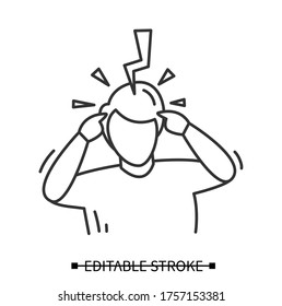 Headache icon. Person avatar with big thunderclap strike. Concept linear pictogram suffering extremely intense head pain and severe migraine. Editable stroke vector illustration