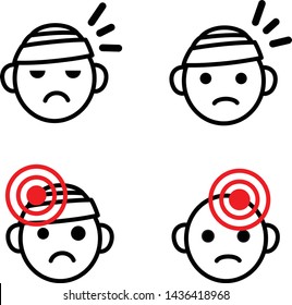 Headache icon set. Medical vector emoji set of sad bandaged heads with health issue, head ache, migraine, head injury and etc.