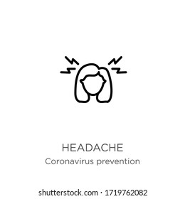 Icono de dolor de cabeza. Icono de contorno de cefalea lineal delgado aislado en fondo blanco de la colección Coronavirus Prevention. Signo vectorial de línea moderna, símbolo, trazo para web y móvil