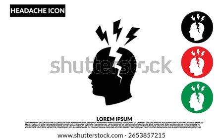Headache icon vector, Human head pain silhouette with lightning symbol, Headache icon with lightning bolts showing severe pain