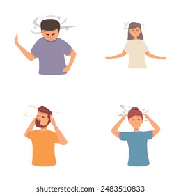 Headache icons set cartoon vector. People suffering from dizziness. Health problem