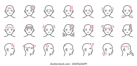 Kopfschmerzsymbole gesetzt. Illustrationen verschiedener Kopfschmerzarten und -symptome, einschließlich Verspannungen, Migräne, Cluster, Nebenhöhlen, Stress und mehr. Lineare Vektorgrafik.