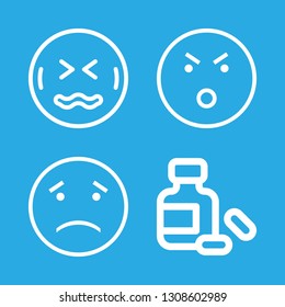 headache icons set with sad face stroke, sick and pills vector set